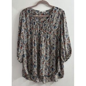 Rose + Olive Womens 1X Floral Split Neck 3/4 Sleeve High Low Blouse Multicolor